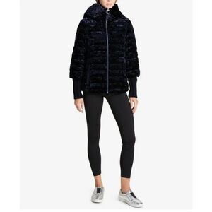 DKNY Sport Women's Heavyweight Crushed Velvet Down Jacket, Large, Navy Blue